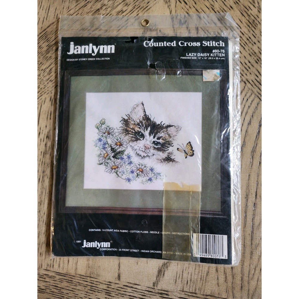 Janlynn Counted Cross Stitch Kit Lazy Daisy Kitten Vintage 1991 New Cat